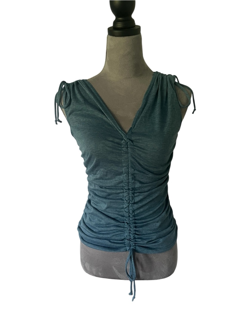 Ruched V-Neck Drawstring Tank Top - Teal Blue